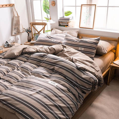 Biancheria da letto in cotone stile semplice a righe kaki e grigie di vendita calda